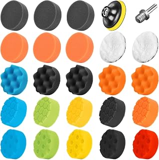 SPTA 25 Pieces 80 mm Sponge Polishing Sponge for Car Polishing, Adapter Accessory Drill Polisher Polishing Wool Kit with M14 Drill Adapter for Car Waxing Sanding