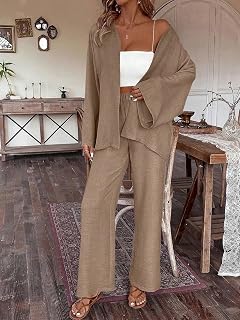 Women Beige 2 Piece Set Long Sleeve Bell Sleeve Cardigan and Wide Leg Pants Casual Leisure Wear
