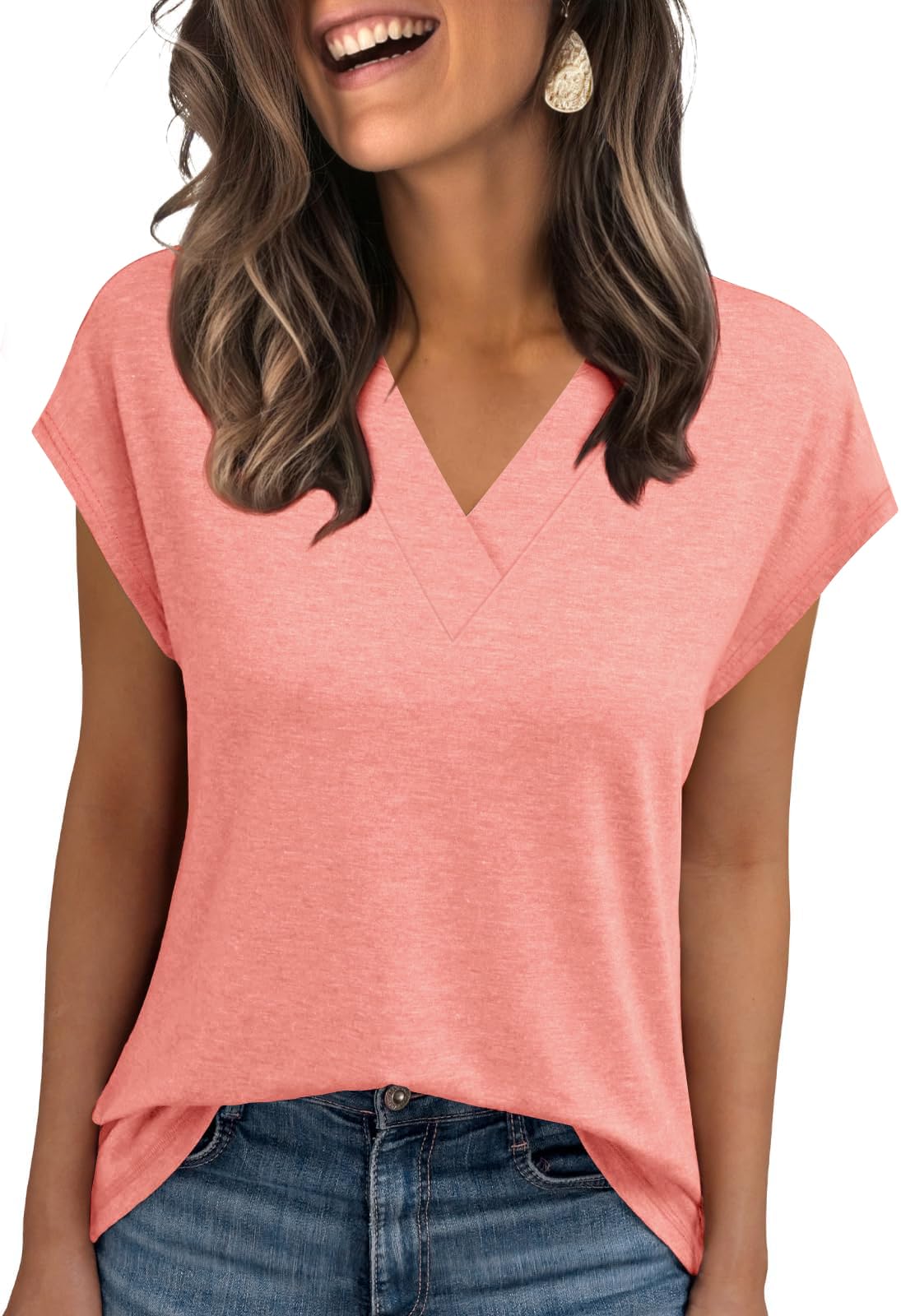 Womens Summer Tops Casual Spring V Neck T Shirts Cap Sleeve Basic Trendy Blouses