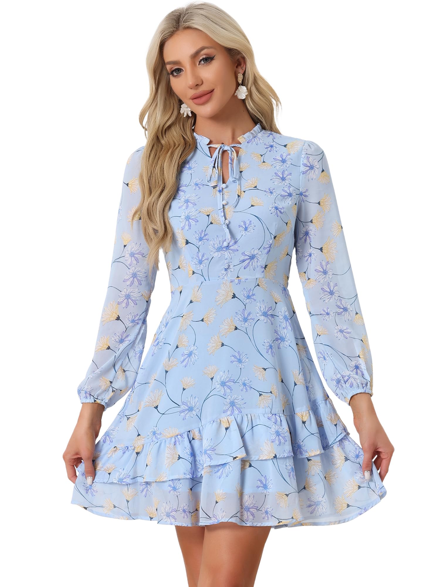 Allegra K Women Spring Dresses Layered Tiered Chiffon Mini Floral Dress