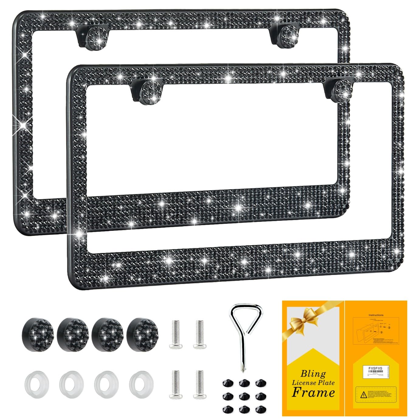 FIISFIIS Bling License Plate Frame for Women,2 Pack Premium Stainless Steel Rhin
