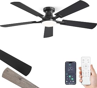 ZMISHIBO 52 Inch Ceiling Fans with Lights, Remote&App Control, Flush Mount | Low Profile, Dimmable 20W LED Light, Quiet Reversible Motor, Strong Airflow, Easy Install for Bedroom/Living Room/Apt, Black
