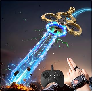 Virellia Upgraded Flying Sword RC Drone with Colorful LED Lights, ABS Metal Remote Control Airplane with Hand Gesture & Smart Watch Control, 3 Speed Modes & Stunt Drone for Kids Adults, Upgraded Gold