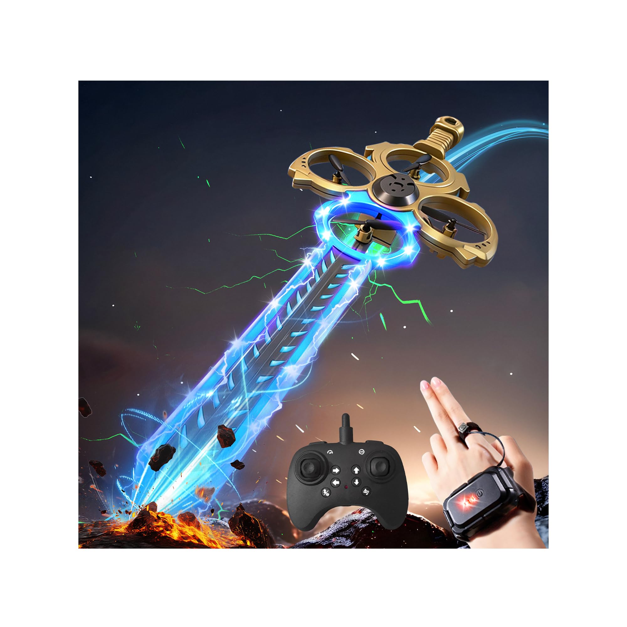 Virellia Upgraded Flying Sword RC Drone with Colorful LED Lights, ABS Metal Remo