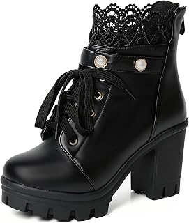 FOREADA Platform Boots For Women Black Chunky Boot Goth Ankle Booties Bead Lace Lolita Dress Shoes With Zipper