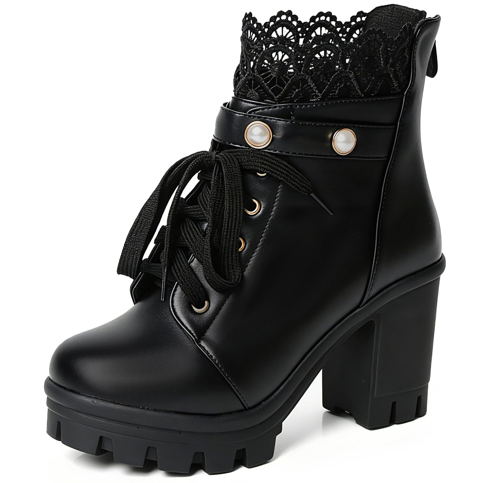 FOREADA Platform Boots For Women Black Chunky Boot Goth Ankle Booties Bead Lace 