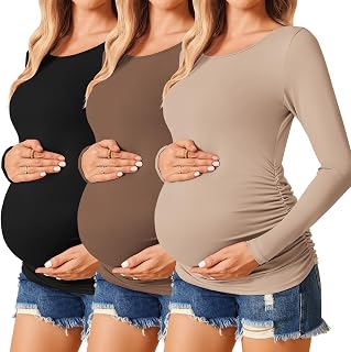 Ekouaer 3 Packs Women's Maternity Shirts Side Ruched Pregnancy Tops | fit you from bump to baby, pleated design to adjust the length and style, perfect to wear before, during, and after pregnancy