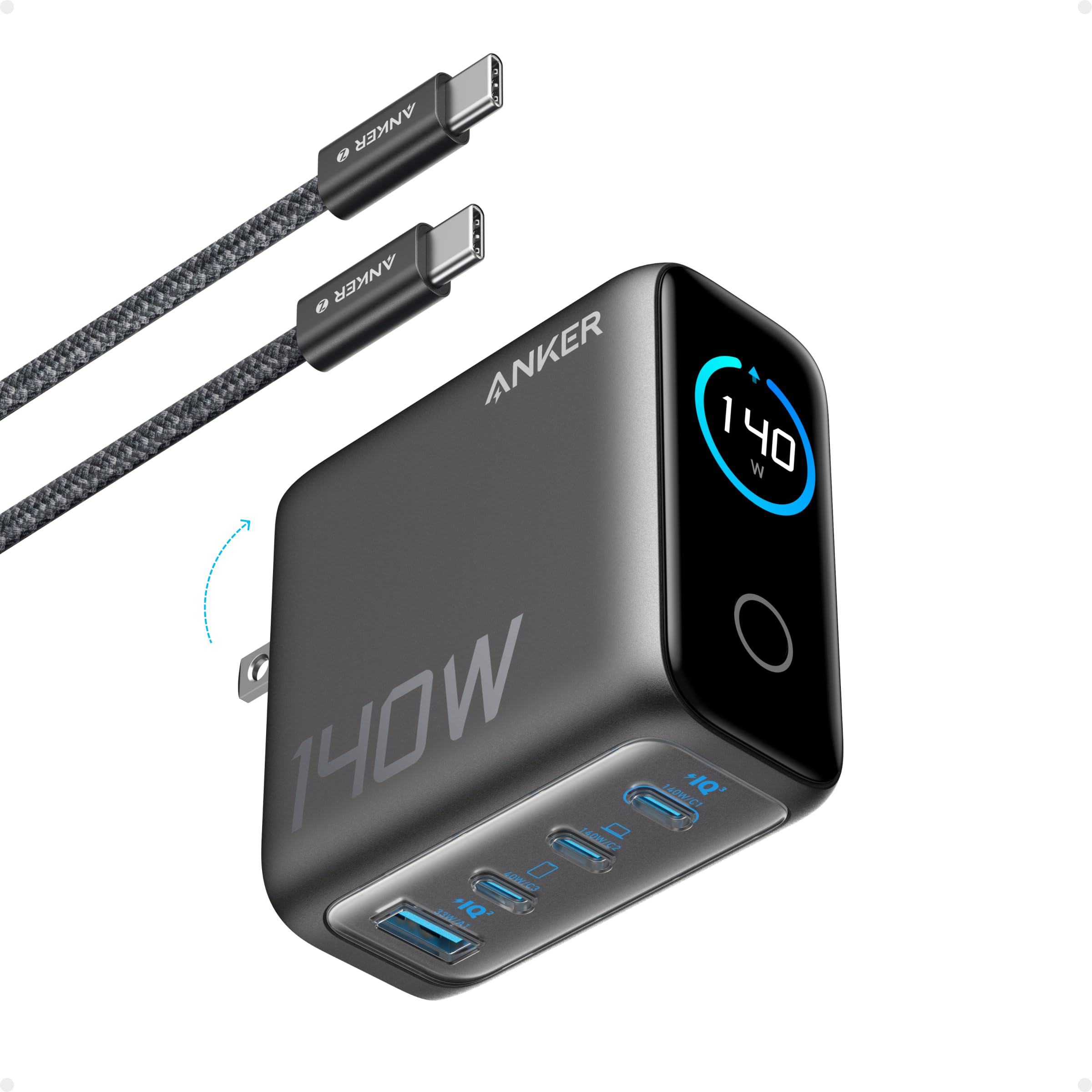 Anker 140W Max 4-Port GaN Charging Blocks,Smart Display for MacBook Charger | Fa