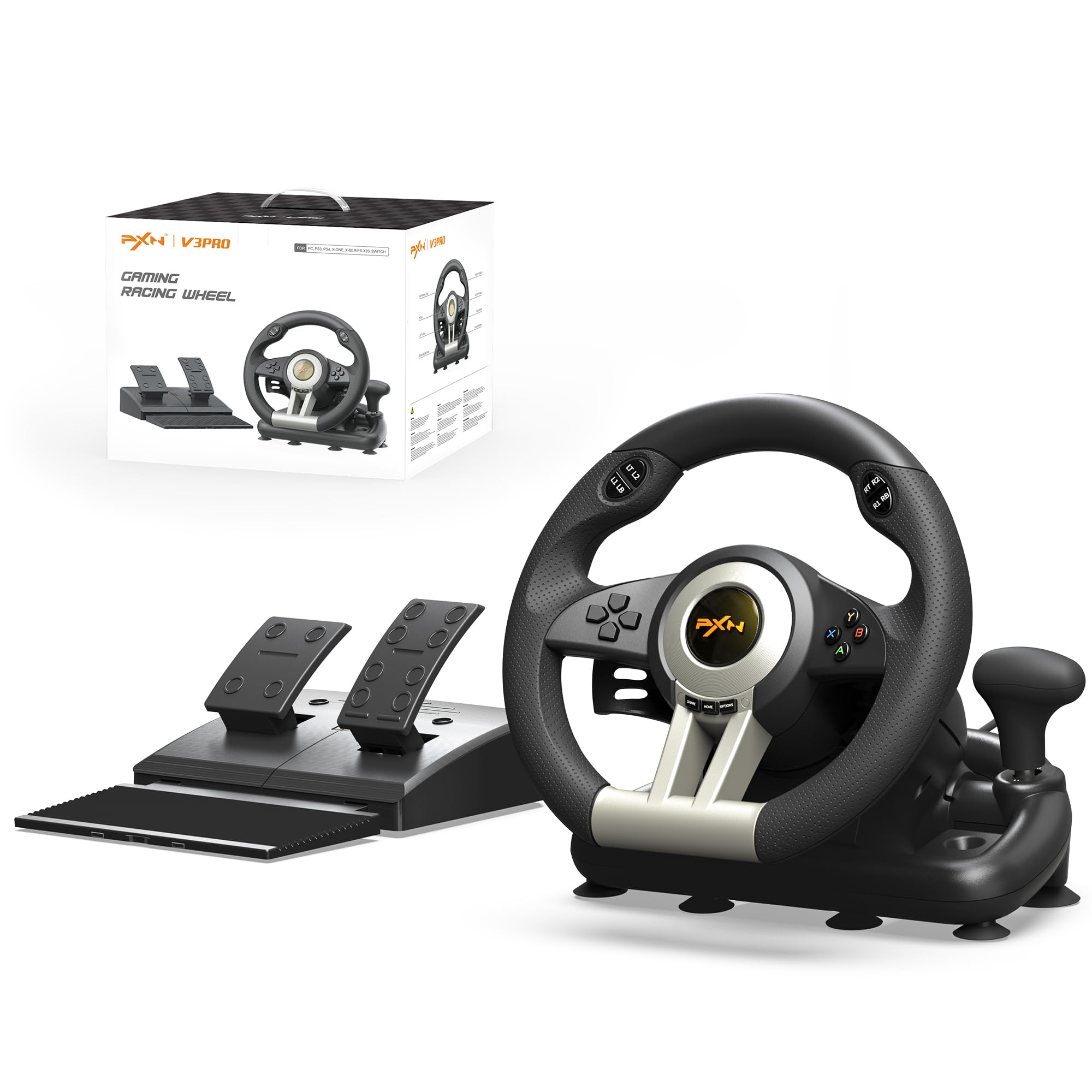 PXN V3 Pro Gaming Steering Wheel with Pedals | Dual Motor Vibration Feedback, Be