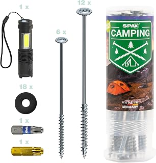 SPAX Camping Set 18 Tent Screws Bits 18 Washers Torch