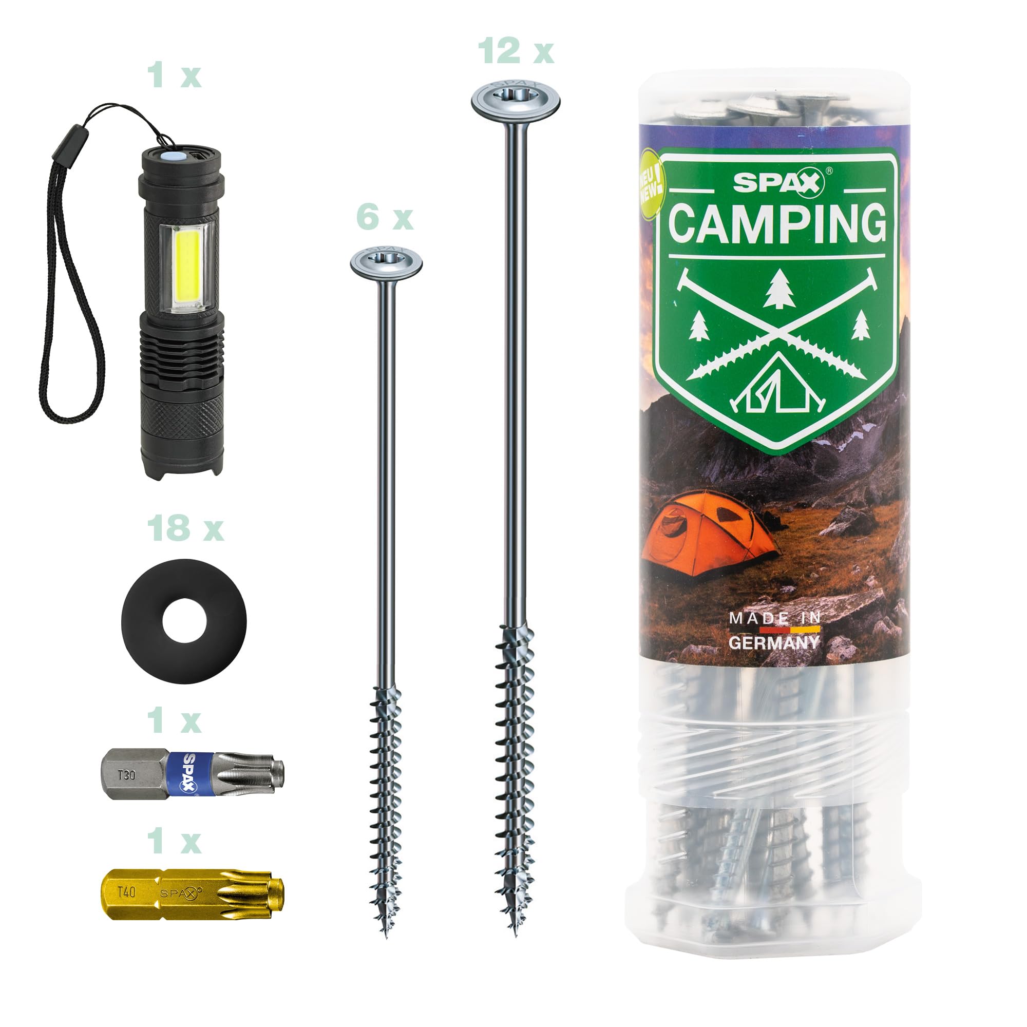 SPAX Camping Set 18 Tent Screws Bits 18 Washers Torch