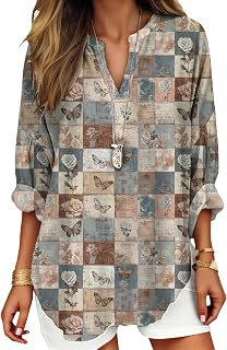 DMOYALA Womens Tops Dressy Casual Long Sleeve V Neck Tunics Plus Size Boho Floral Shirts 2026 Fashion Spring Clothing