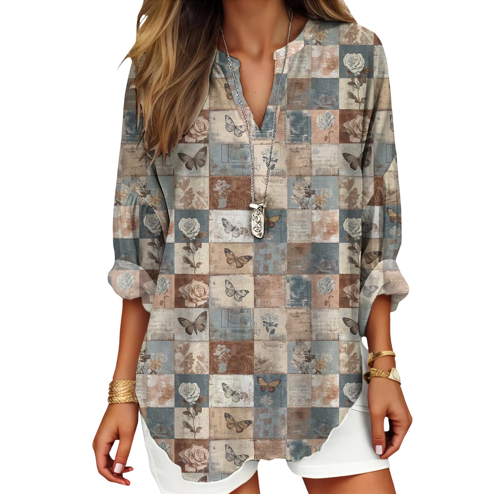 DMOYALA Womens Tops Dressy Casual Long Sleeve V Neck Tunics Plus Size Boho Flora