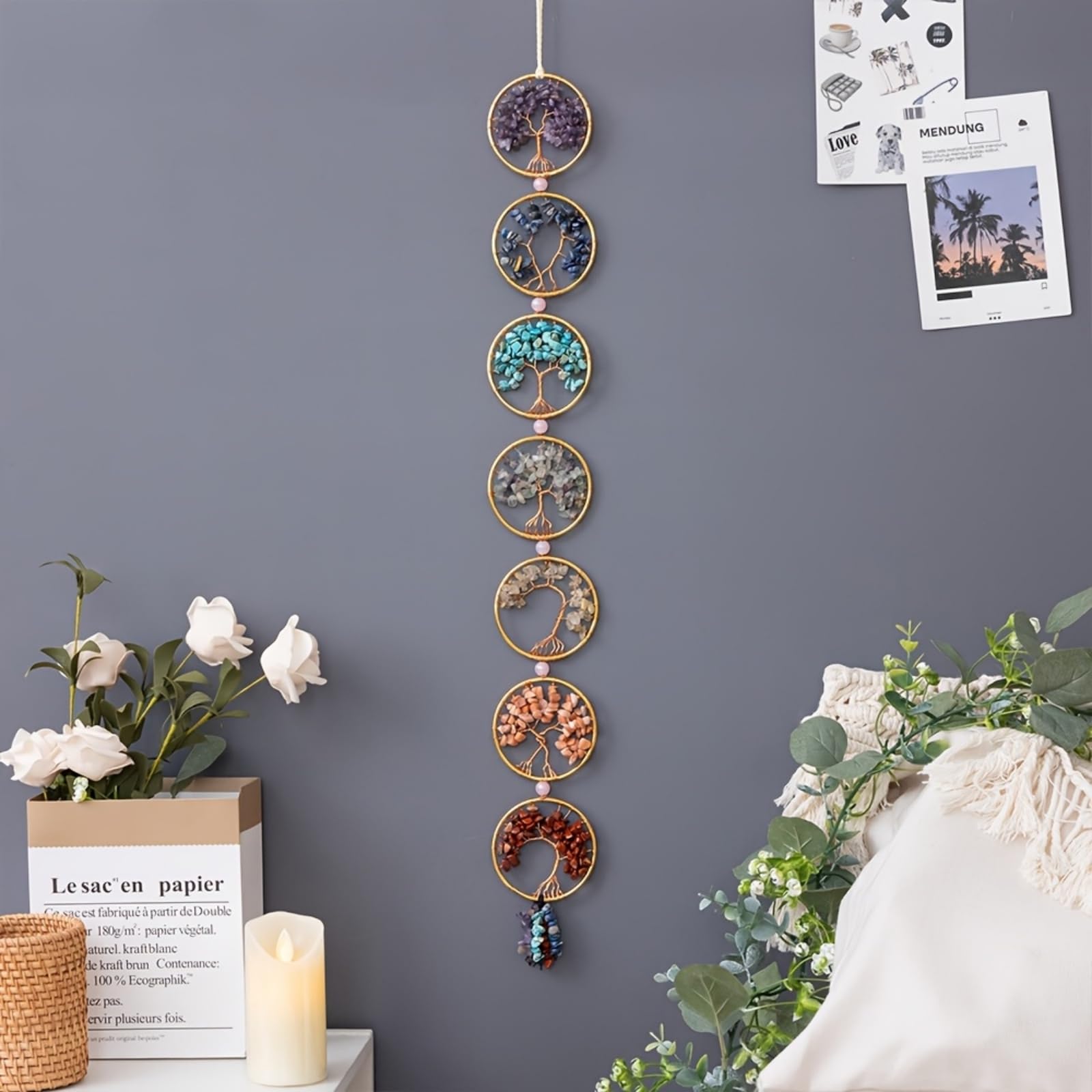 7 Chakra Stones Healing Crystals Tree of Life Wall Hanging Ornament for Good Luc