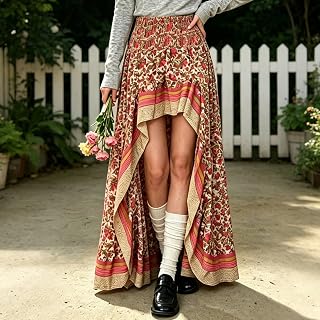 Women‘s High Low Skirt Asymmetrical Hem, Floral Print Boho Long Skirt for Summer, High Waist Maxi Skirt