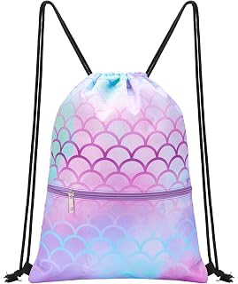 WAWSAM Kids Drawstring Gym Bag with Zippered Pocket String Backpack | Mermaid Swim Bag Waterproof School Gym PE Bags for Girls Swimming Travel Beach Shopping Yoga
