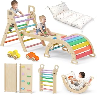 BlueWood Pikler Triangle Set with Cushion, Wooden Climbing Toys for Toddler | Foldable 9-in-1 Montessori Philosophy Toddler Climbing Toys Indoor with Reversible Ramp, Arch and Ladder - Rainbow