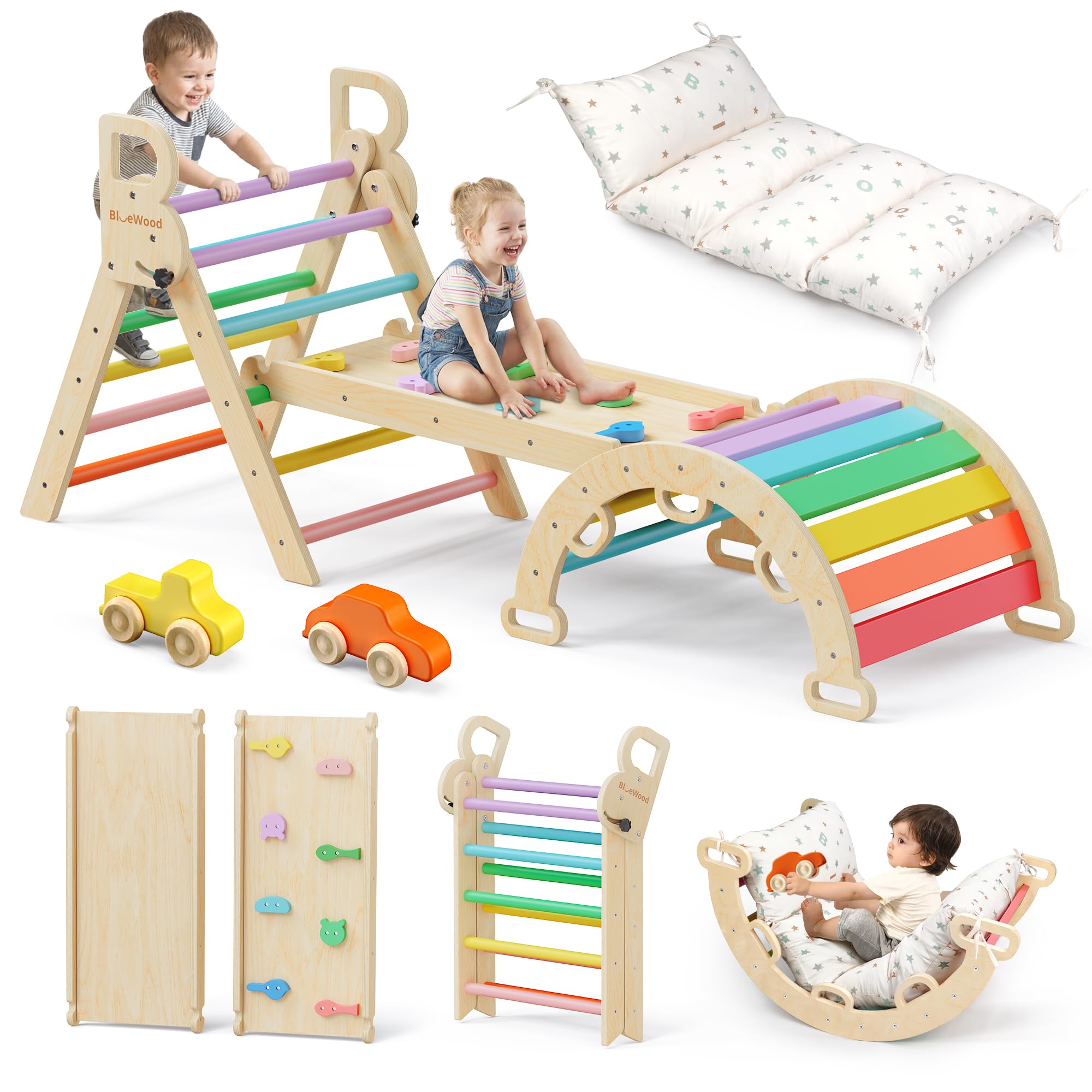 BlueWood Pikler Triangle Set with Cushion, Wooden Climbing Toys for Toddler | Fo