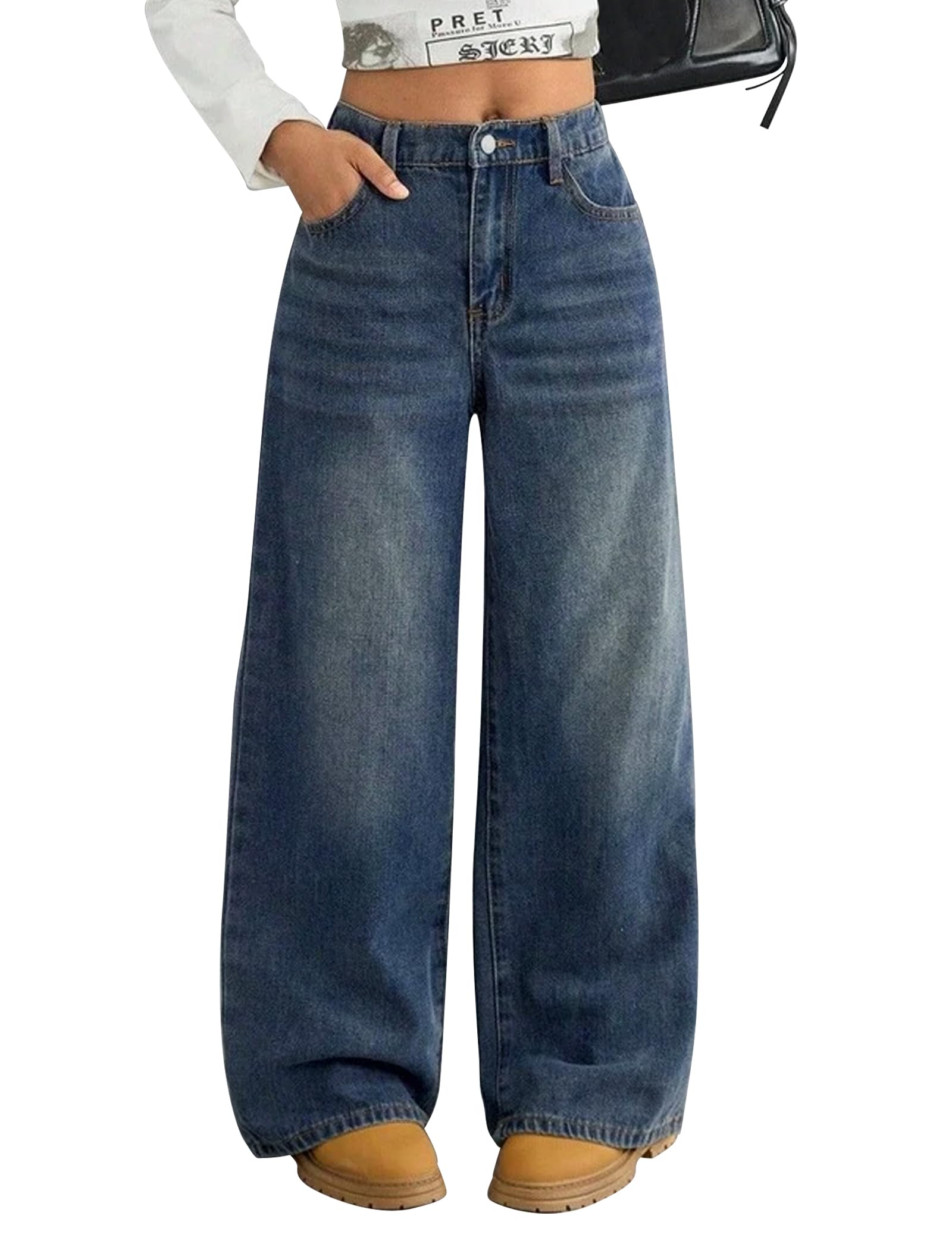 Girls Baggy Jeans Wide Straight Leg High Elastic Waisted Denim Pants Fashion Y2k
