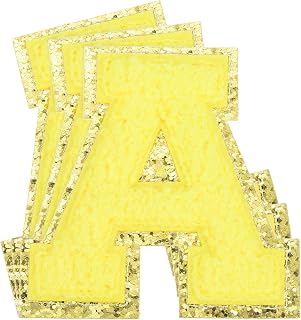 3 Pieces Large Size Chenille Letter Patches 3.15x3.15 Inch Gold Glitter Embroidered Patches for Clothes Shoes Hats Backpacks (Yellow)