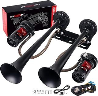 12V Metal 2-Trumpet Train Horn for Truck Kit with 2 Air Compressors | 150dB Loud Air Horn for Car, Tankless &amp; Chrome Zinc, Fits most 12V Car/Pickup/SUV/Motorcycle/Boat,Truck accessories for men