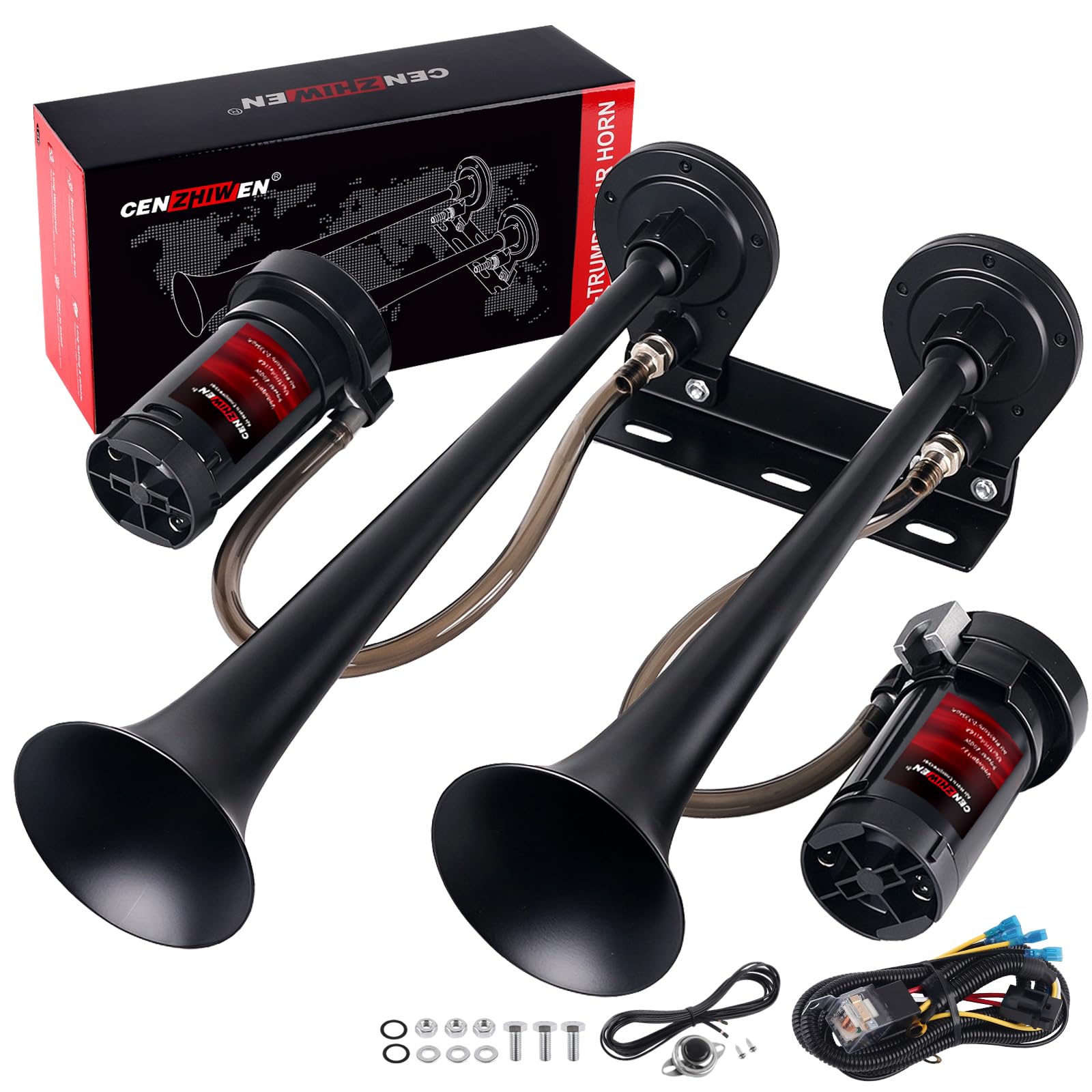 12V Metal 2-Trumpet Train Horn for Truck Kit with 2 Air Compressors | 150dB Loud