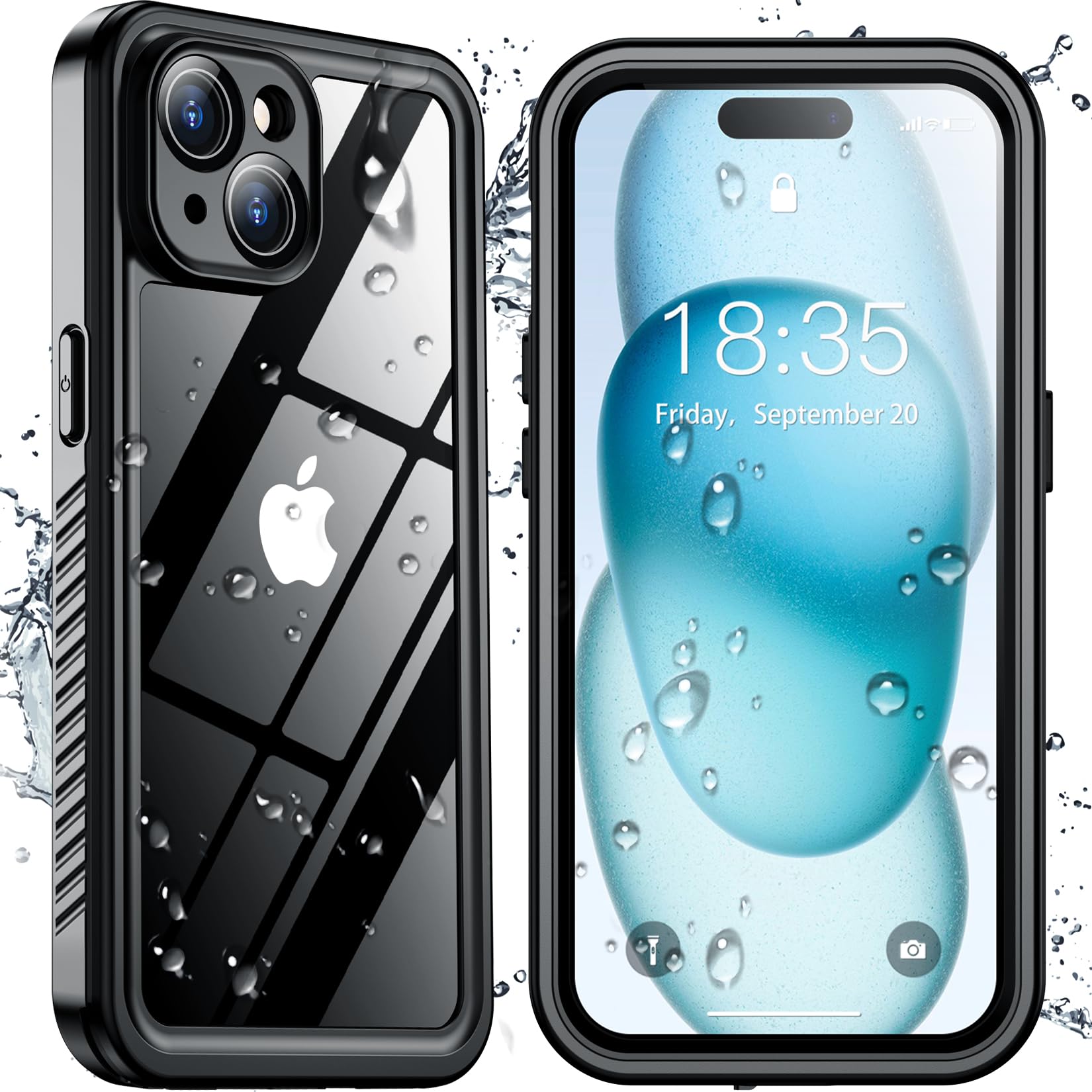 SPIDERCASE for iPhone 15 Case Waterproof,Black/Clear | Built-in Lens & Screen Pr