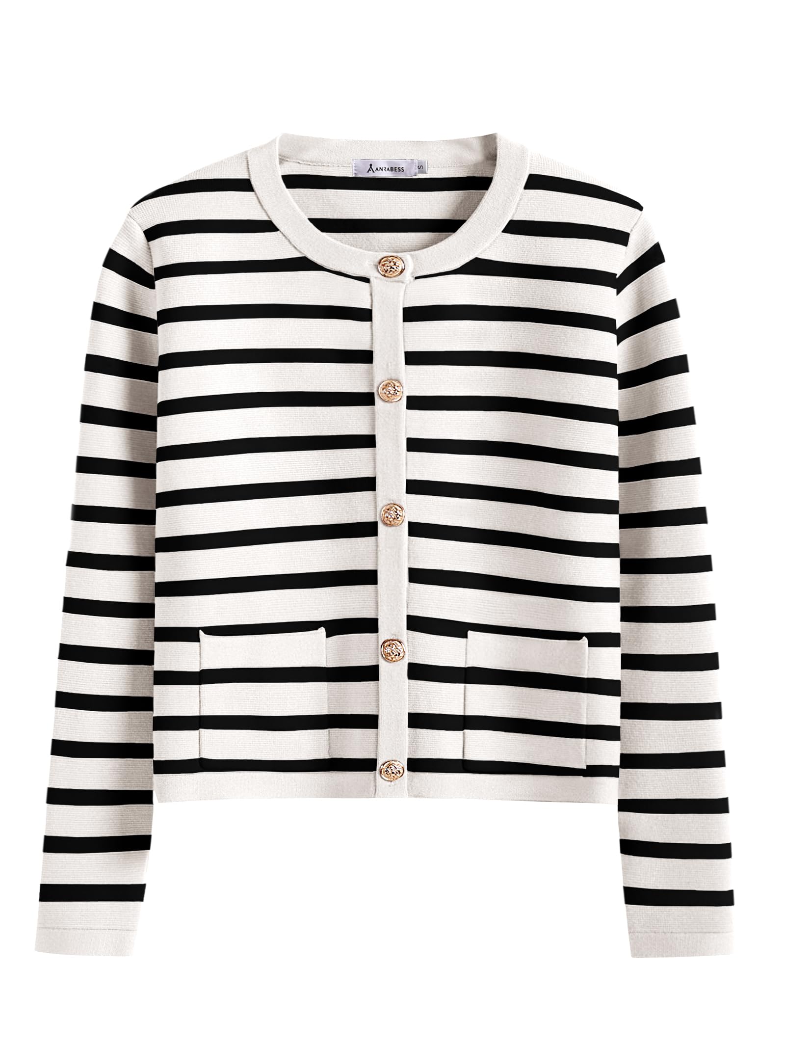ANRABESS Women Striped Cardigan Sweaters Button Down Cropped Knit Lady Jackets C