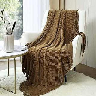 CREVENT Farmhouse Boho Chenille Throw Blanket for Couch Sofa Chair Bed Home Decoration, Super Soft Warm Cozy Knit Blanket for All Season (50''X60'' Coffee/Brown)