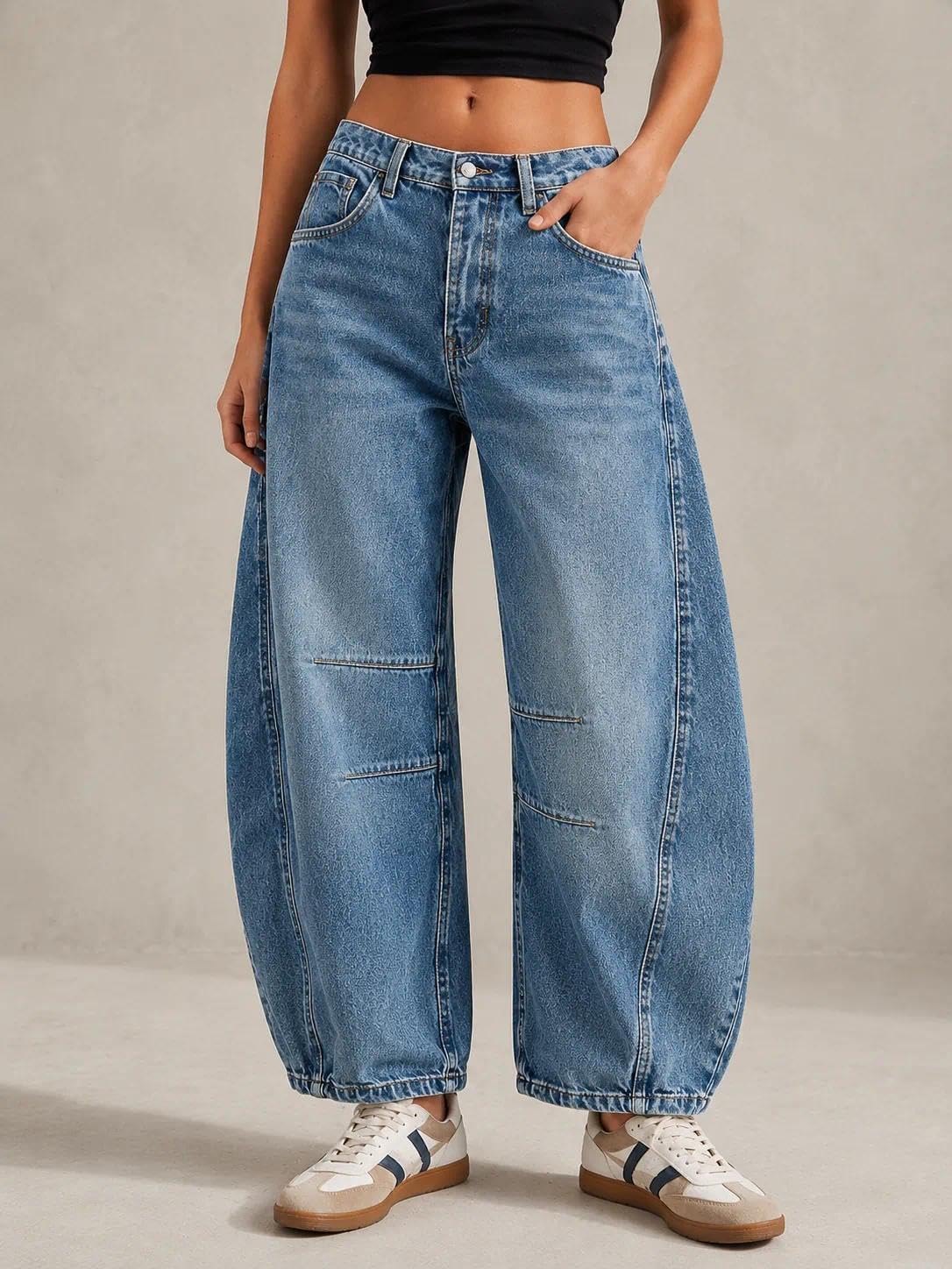 Women's Y2k Baggy Boyfriend Jeans Stretch Mid Waist Vintage Loose Wide Leg Jeans