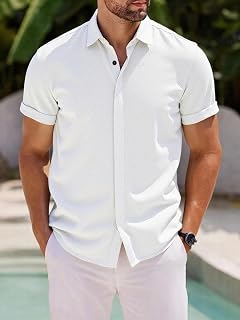 Mens Button Down Short Sleeve Shirt V Neck Casual Solid Color Summer