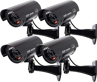 F FINDERS&CO Outdoor Fake Security Camera, Dummy CCTV Surveillance System with Realistic Red Flashing Lights and Warning Sticker (4, Black)
