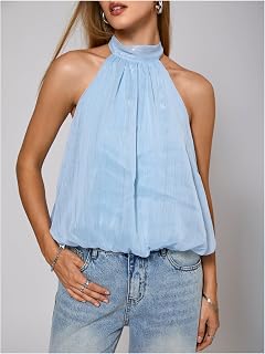 Womens Shiny Halter Peplum Tops Y2k Sleeveless Crop Bubble Tops