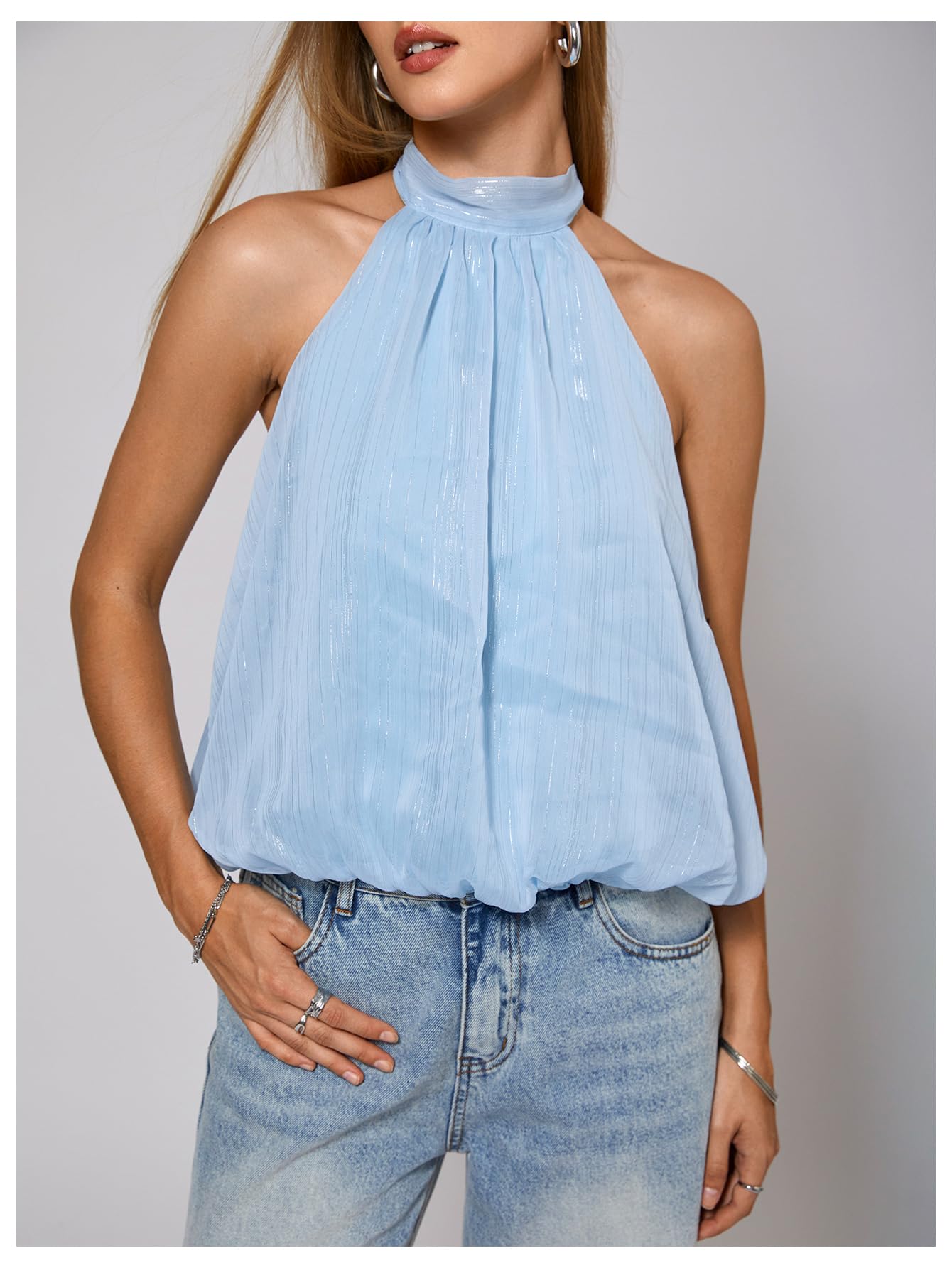 Womens Shiny Halter Peplum Tops Y2k Sleeveless Crop Bubble Tops