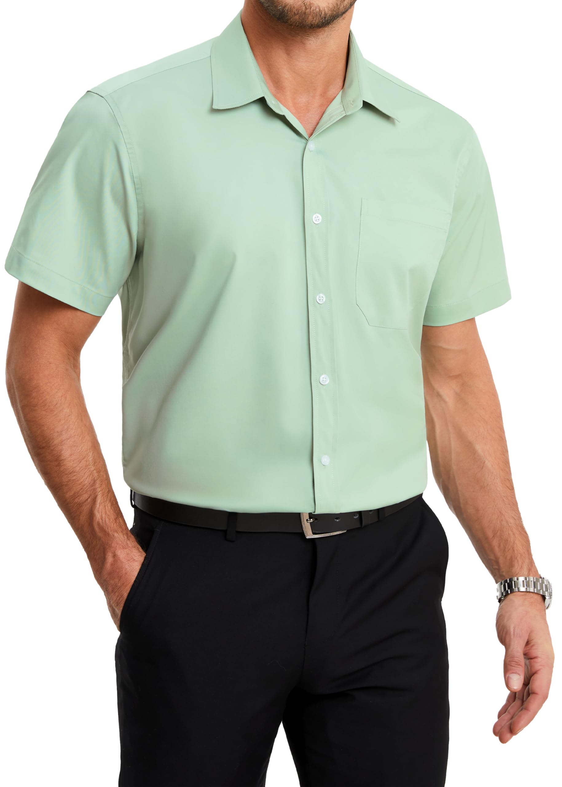 HISDERN Mens Short Sleeve Dress Shirts Bamboo Fiber Anti-Wrinkle Shirt Casual Bu