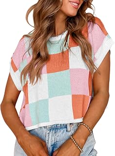 Saodimallsu Womens Cap Sleeve Crop Tops Summer Color Block Knit Sweater