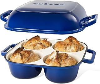 QuadPro Enamelled Cast Iron Bread Loaf Pot – Dutch Oven for Sourdough Bread Baking – 500°F Oven Safe Non Stick Bread Pot – 4 Round Loaf Spaces (12.5cm Diameter), Dark Blue – by Nuovva