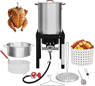 Creole Feast TFS3010 30 Qt Propane Turkey Fryer & 10 Qt Fish Fryer Set | 50,000 BTU Burner With Aluminum Seafood Boil Pot, Baskets, Thermometer, Injector And All-Welded Outdoor Stand