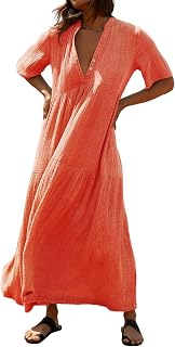 R.Vivimos Women Summer Cotton Short Sleeve V Neck Empire Boho Ruffle Maxi Dress Casual Loose Dress