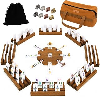 Jyquorp Mexican Train Dominoes 8 Woodentile Rack Set with Wooden 1 Canvas Storage Bag 91 Domino Tile Board Games Includes Metal Train Markers Color Dot Double Twelve Set with for Family Game Night