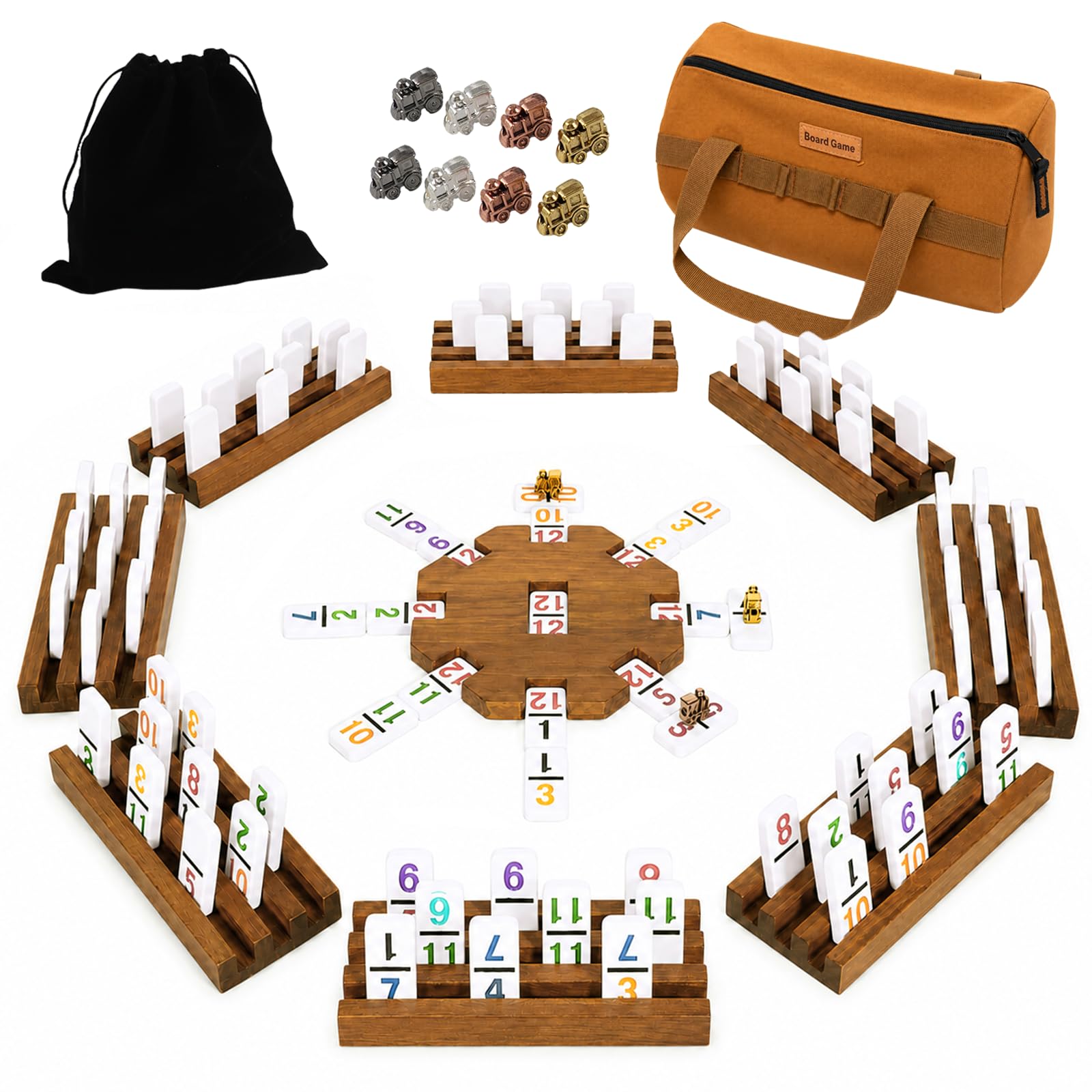 Jyquorp Mexican Train Dominoes 8 Woodentile Rack Set with Wooden 1 Canvas Storag