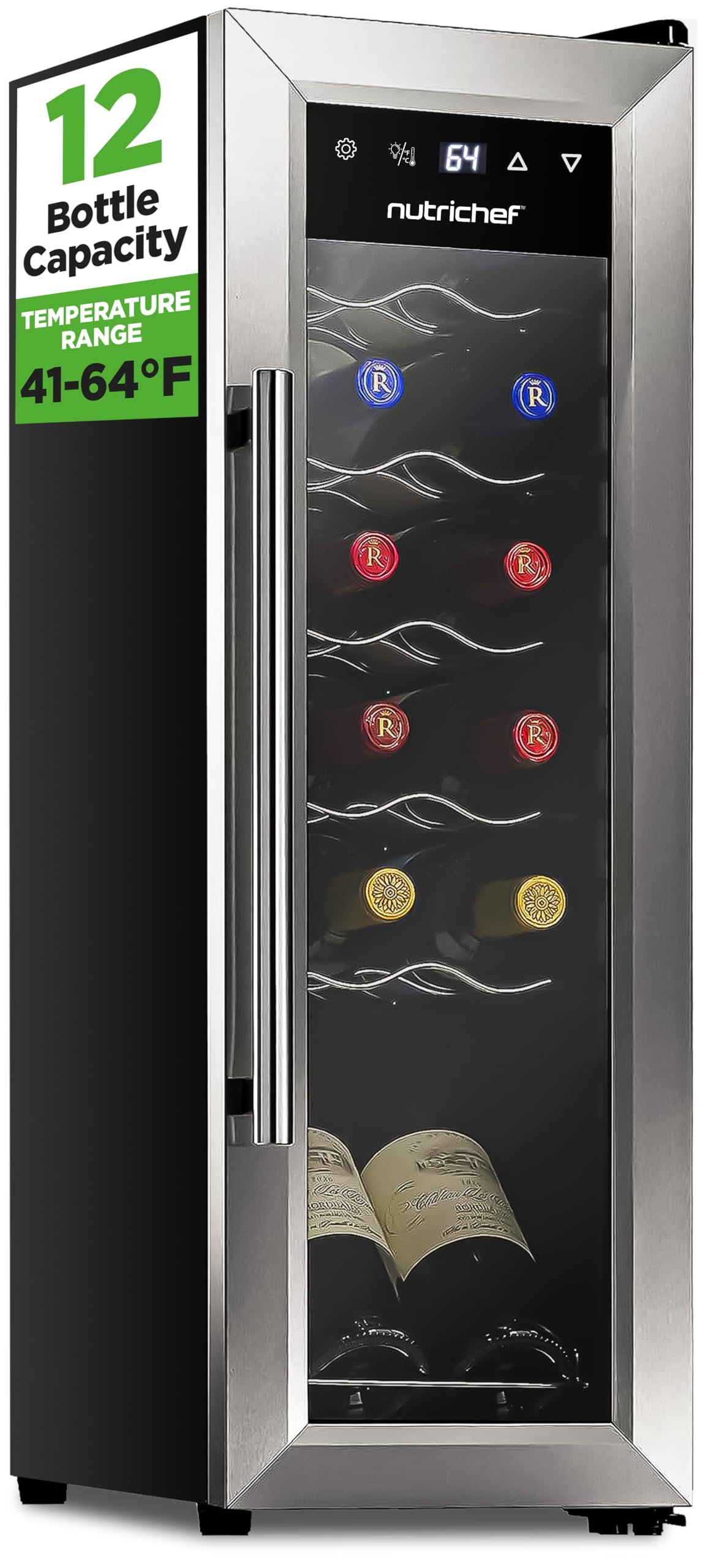 Nutrichef 12 Bottle Stainless Steel Slim Wine Fridge | Red & White Wine Chiller 