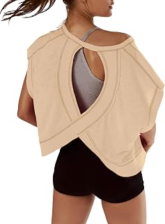 Kumufenc Women Workout Shirts Short Sleeve Open Back Casual Yoga Y2k Athletic Gym Slouchy Crop Running Tees