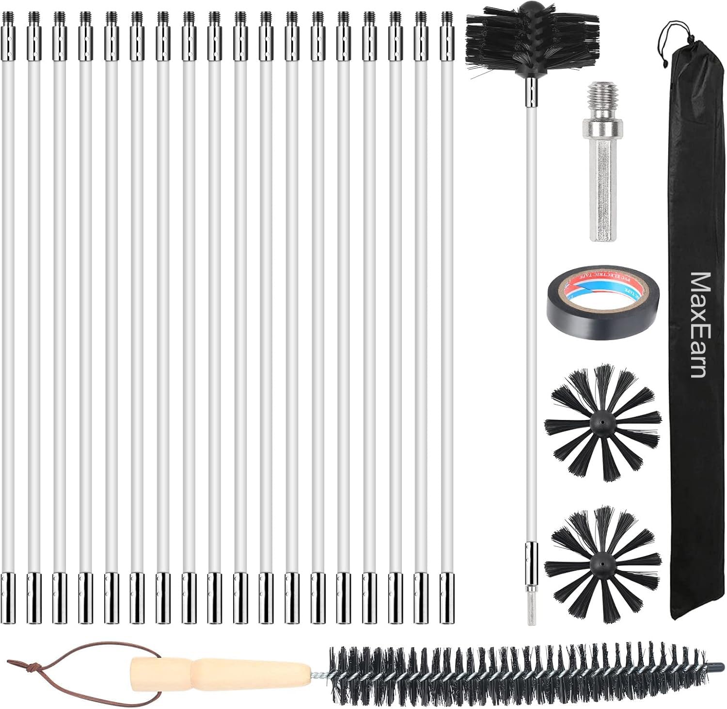 MaxEarn 24Pcs Chimney Cleaning Brush Sweep Kit with 18 Flexible Nylon Rods | 6" 