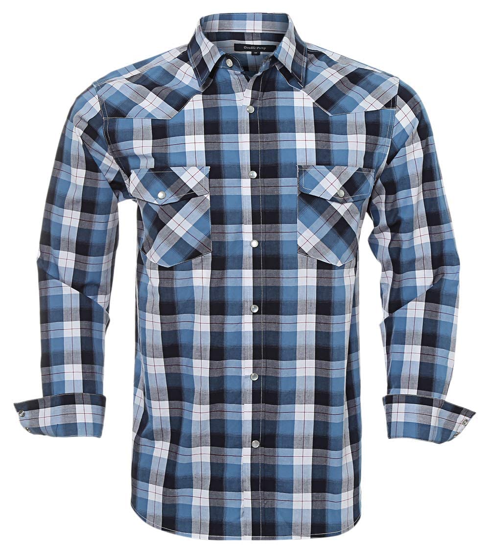 Men’s Western Cowboy Shirts-Long Sleeve Snap Button Plaid Shirt, Regular Fit Cot