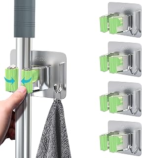 homeasy Mop Broom Holder, Stainless Steel Wall Mounted Rack, 4 Pcs, Green | 4 pcs self adhesive mop holders with hooks, waterproof stainless steel rack for bathroom, kitchen, garage and garden storage