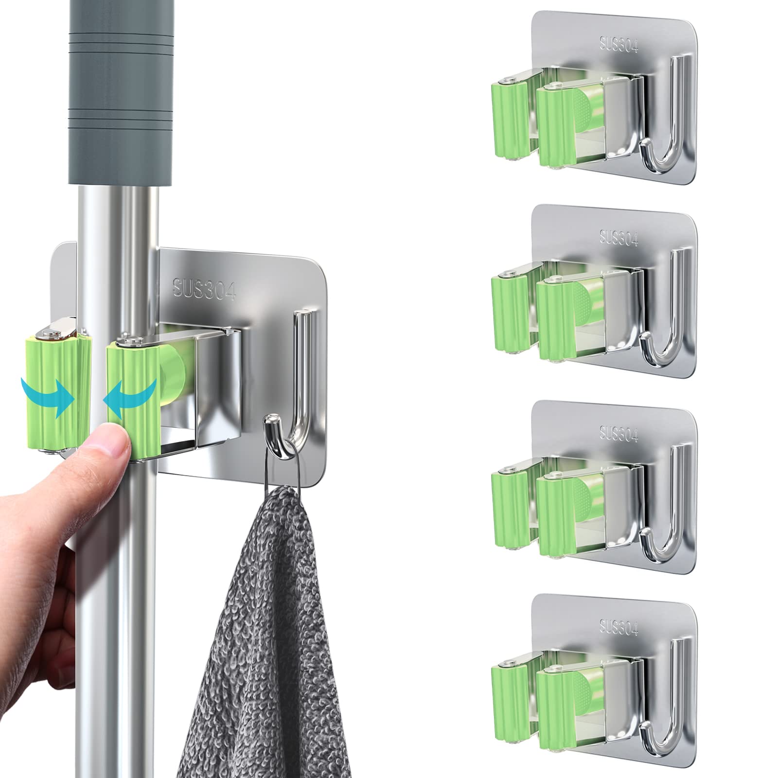 homeasy Mop Broom Holder, Stainless Steel Wall Mounted Rack, 4 Pcs, Green | 4 pc