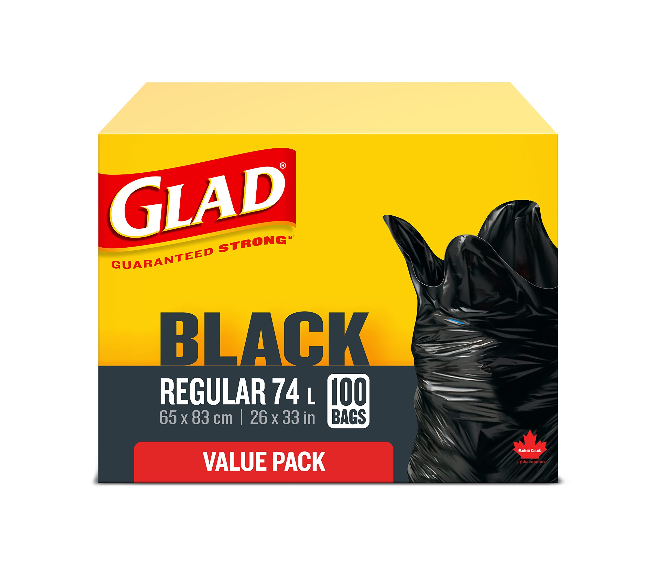 Glad Black Garbage Bags - Regular 74 Litres - Value Pack 100 Trash Bags, Made in