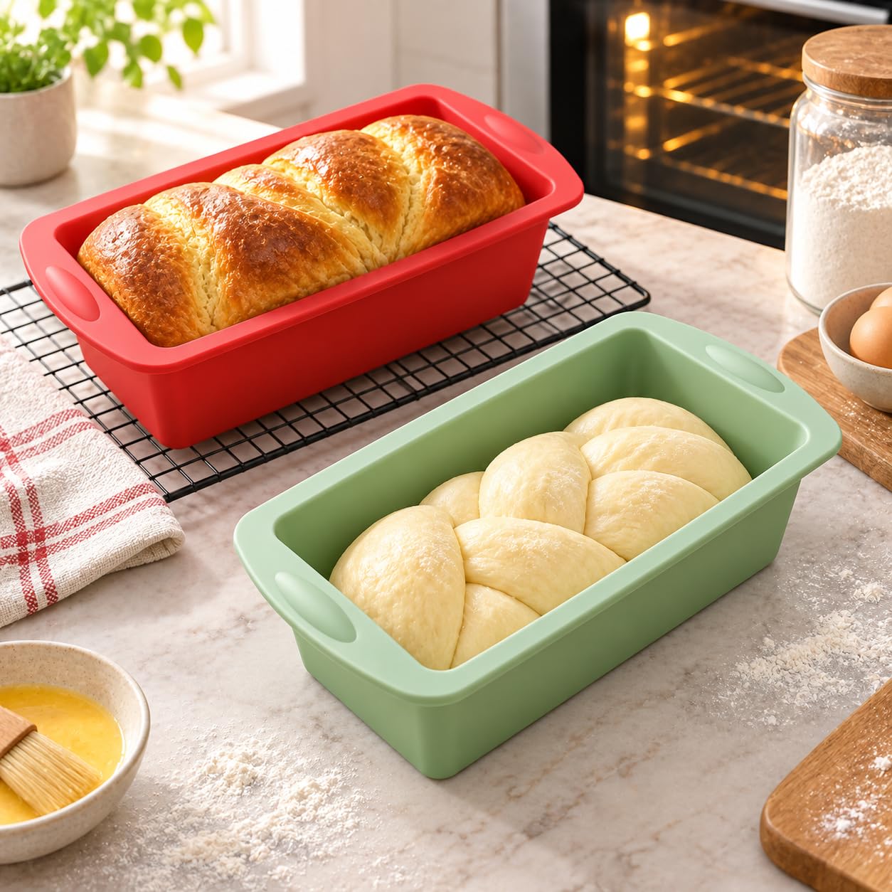 2 Pack Silicone Loaf Pans with Handles for Bread Cake Meatloaf Baking Ovens | Fl
