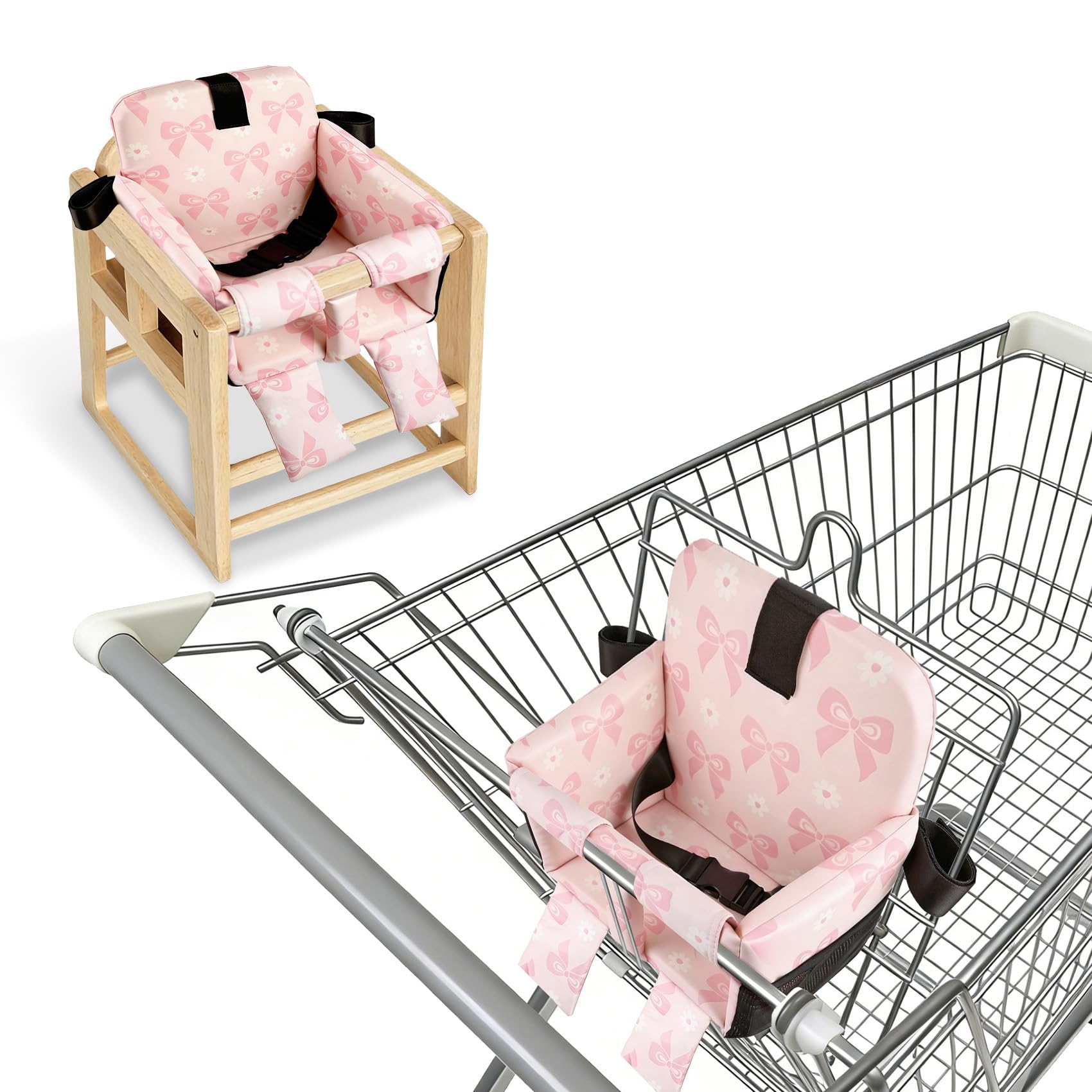 Portable Shopping Cart Seat for Baby, High Chair Comfort Seat, Pink Bow | Foldab